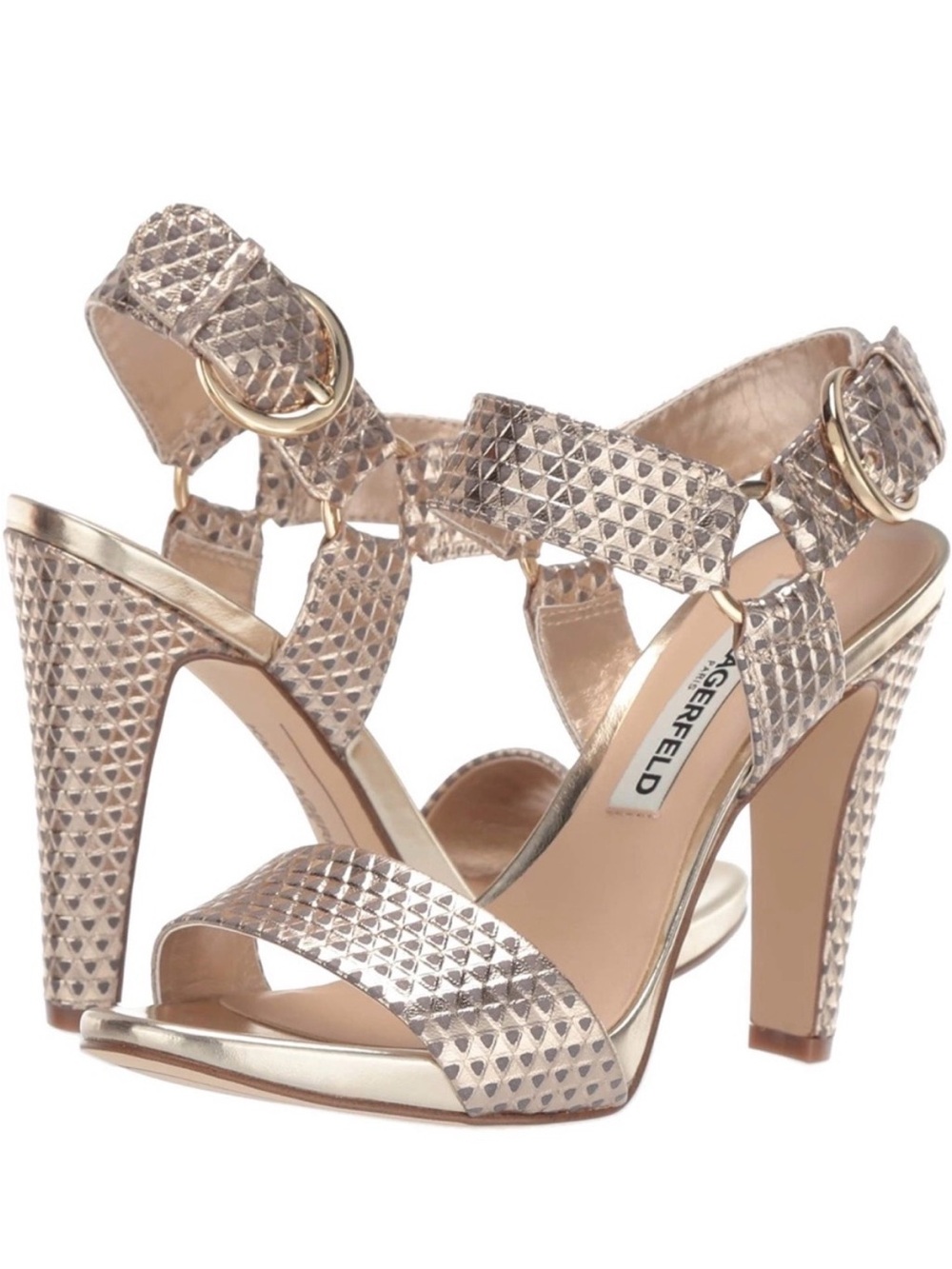 Karl Lagerfeld Metallic Gold Textured Ankle Strap Sandals